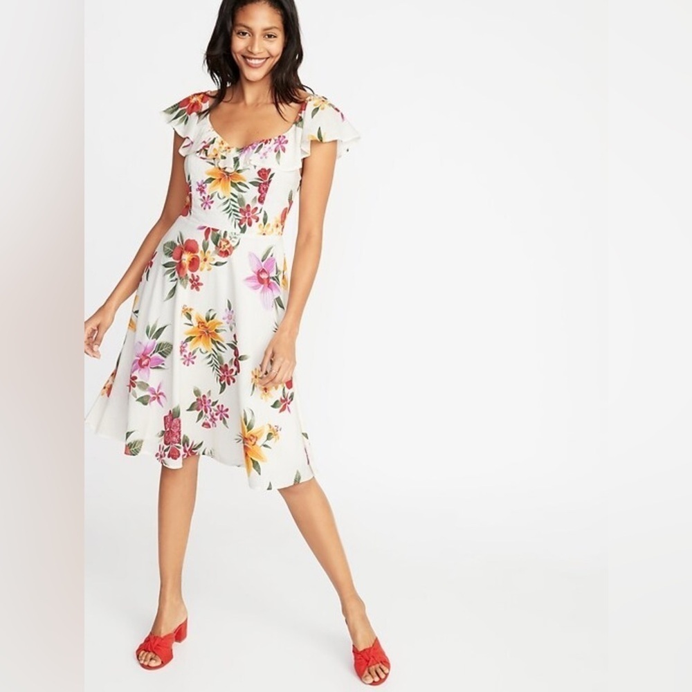 Old Navy White Floral Fit & Flare Ruffle-Trim Cami Mini Dress Size L Tropical